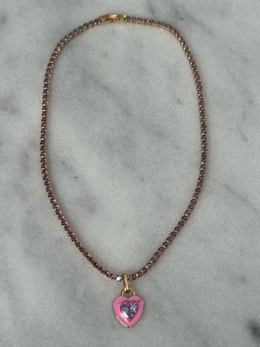 Gold Purple Crystal Pave Tennis Chain Heart Pendant Barbie Necklace